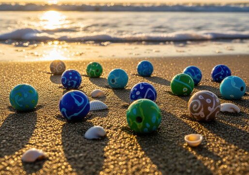 Collection of colorful patterned beads and seashells on a sunlit golden beach.