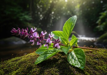 Atmospheric shot of flowering basil with purple blossoms and dewdrops on lush green leaves