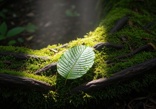 Glistening kratom leaf with dew drops resting on vibrant green moss and dark roots