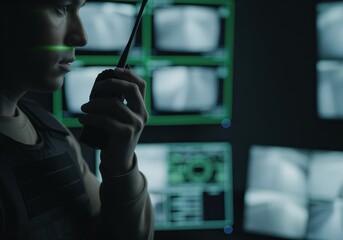 Close up of security officer using walkie talkie in dark surveillance control room.