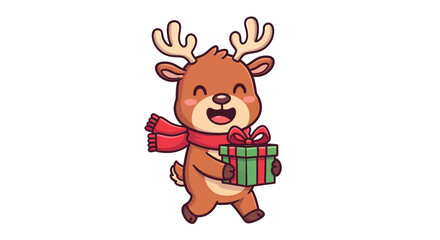 Naklejka premium Charming cartoon reindeer with a festive red scarf joyfully runs with a green Christmas present, isolated on a white background for holiday design