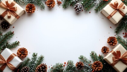 Whimsical frame built from hand-painted gift boxes flowing ribbons metallic-look watercolor strokes soft glitter effects pine cones