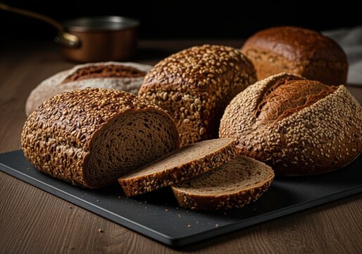 Rustic seeded whole grain bread selection including sliced rye on a dark board.