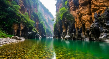 Tranquil river flows through a narrow gorge surrounded by lush greenery and towering rock formations creating a scenic landscape