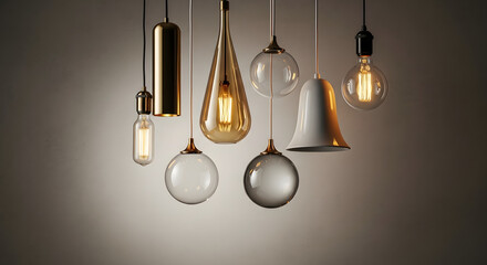 Collection of modern and vintage pendant lights hanging in a dimly lit space