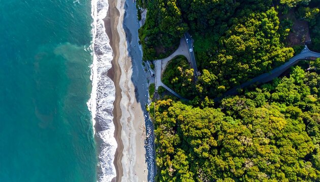 Aerial view reveals a scenic coastline with a forest and a beach - Powered by Adobe