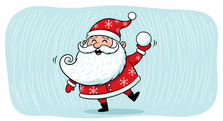 Jolly Cartoon Santa Claus joyfully engaging in a playful snowball fight, radiating festive cheer and winter fun with a wide, happy smile and mischievous eyes