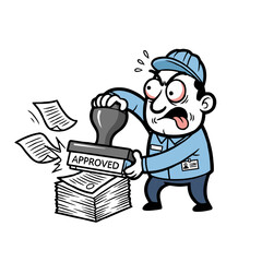 Frustrated worker stamping document with an approved stamp