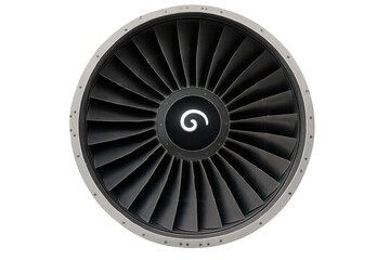 Jet engine turbine fan blades with light spiral on nacelle spinner, aviation engineering technology on transparent background