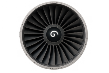 Jet engine turbine fan blades with light spiral on nacelle spinner, aviation engineering technology on transparent background