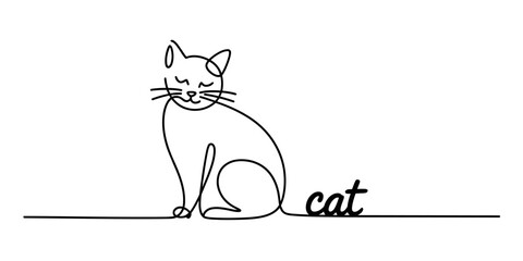 Continuous line art drawing of a cute sitting domestic cat with accompanying 'cat' text. minimalist animal illustration, beloved pet graphic.