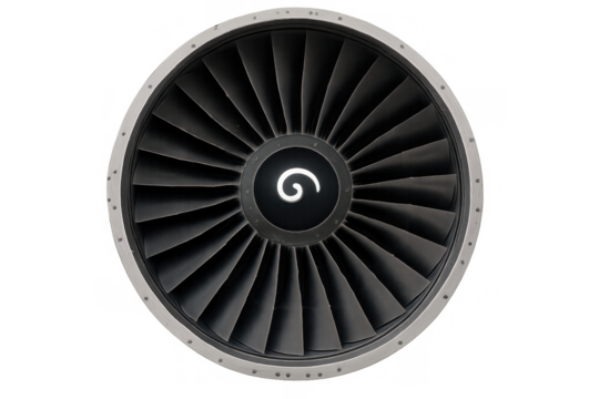 Jet engine turbine fan blades with light spiral on nacelle spinner, aviation engineering technology on transparent background