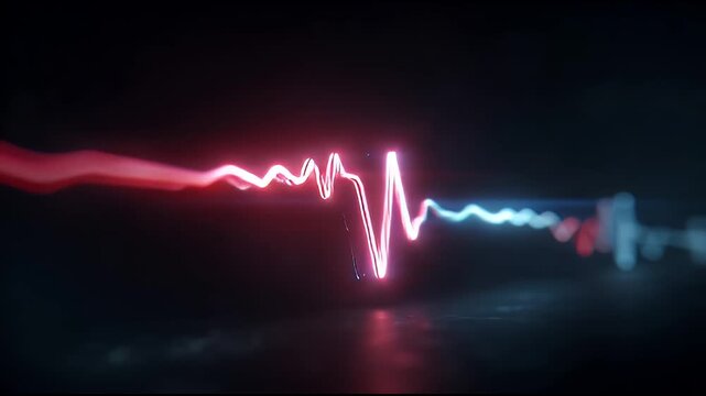 Pulsating neon light waves in vibrant red and cool blue intertwine, creating a dynamic abstract waveform that symbolizes high-speed data streams and digital connectivity