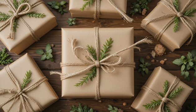 Beautifully wrapped gifts with twine and greenery on a rustic wooden surface for a festive holiday