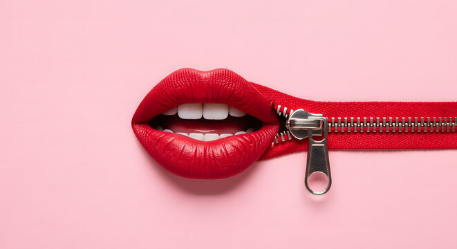 Red zipper closing red lips symbolizing silence secrets or censorship