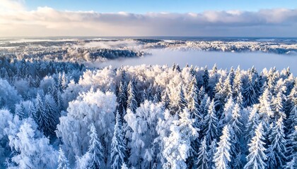 Aerial view of a snow-covered forest with fog and light