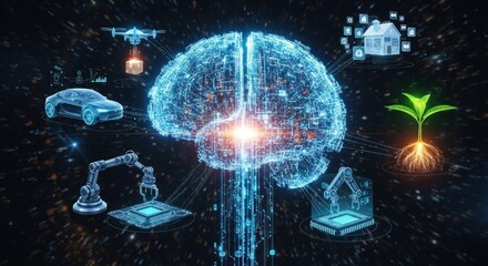 A futuristic, digital brain with various connected objects and symbols around it, set against a dark, starry background.
