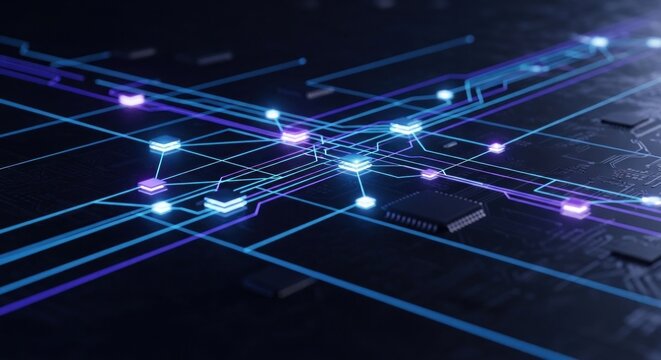 A futuristic circuit board with glowing blue and purple lights and intricate connections, set against a dark background.