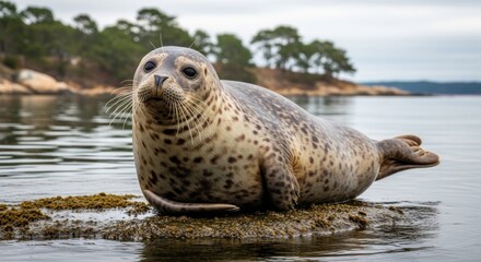 A seal lying on a rock in the water with a forested shoreline in the background.