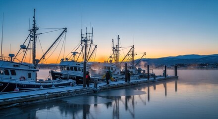 A serene harbor scene with fishing boats docked at a snowy pier, with a calm sea and a clear sky in the background.