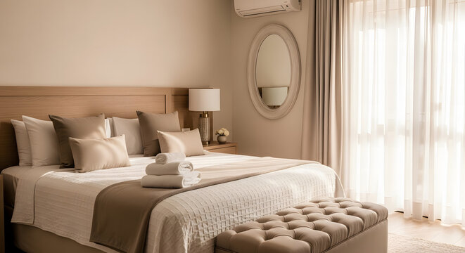 Elegant bedroom interior with plush bedding and soft neutral tones creating a serene atmosphere