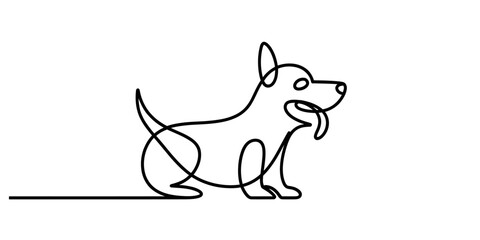 One continuous line art drawing of a standing dog with its tongue out, minimalist black outline on a clean white background, simple vector illustration