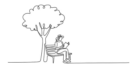Continuous line drawing of a person relaxing and reading a book on a park bench under a shade tree, embodying leisure and tranquility.