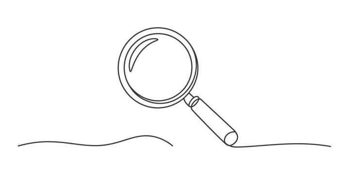 Continuous line art drawing of a magnifying glass with a wavy line underneath, symbolizing search, discovery, and detailed examination.