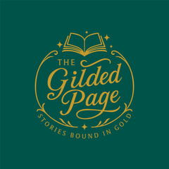 Elegant vintage book logo with ornate flourishes, golden line art, and open book symbol on a rich green background. Editable Vector File
