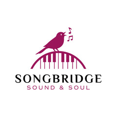 Elegant music logo featuring a singing bird perched on a piano bridge arc with flowing melodic notes in rich magenta tones. Editable Vector File
