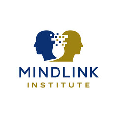 Abstract human head silhouettes with digital pixel elements symbolizing mind connection and learning in blue and gold tones. Editable Vector File
