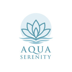 Calm lotus flower logo with flowing water lines and soft blue tones, symbolizing peace, balance, and wellness. Editable Vector File
