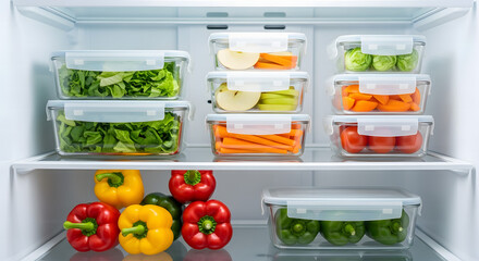 Organized refrigerator shelves filled with fresh vegetables in clear glass containers and colorful bell peppers