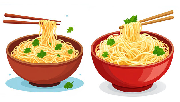 set vector illustration of noodles in bowl with chopsticks