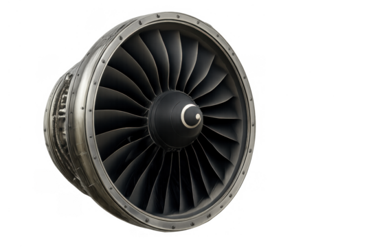 Jet engine turbofan aircraft turbine providing power and thrust, modern aviation technology with transparent background