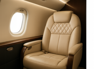 Private jet providing exclusive sky travel. Empty leather seat next to window, presenting comfort and luxury. Transparent background