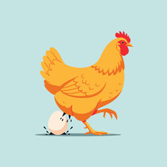 Cartoon orange hen walks away from a cracking egg against a pale blue background.