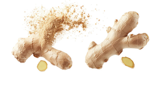 Two fresh ginger roots with powder and slices isolated on transparent background
