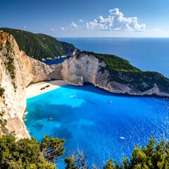 Aerial view of a vibrant beach scene with turquoise waters and towering cliffs
