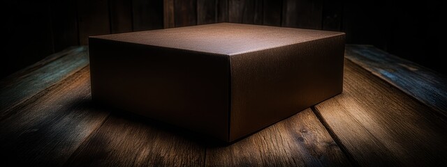 Brown Box on Wooden Surface with Dramatic Lighting and Dark Background for Creative Use