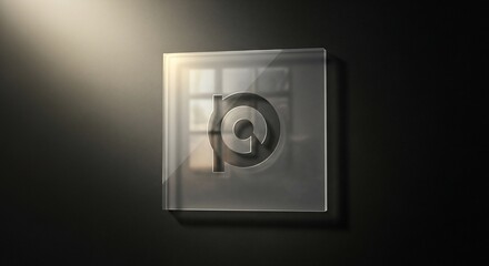 A transparent glass block featuring a stylized 'P' or '9' logo, illuminated by a soft spotlight on a dark background.
