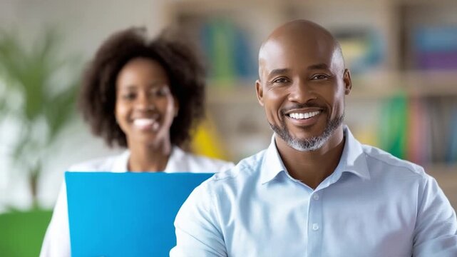 Smiling faces in the workplace: A bright office scene, a man and a woman in the foreground smiling warmly at the viewer, the woman holding a folder, exuding an air of cooperation and professionalism.