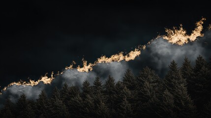 Dramatic Flames Emerging from Dark Forest Under Stormy Sky at Twilight Hour
