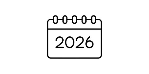 Line art icon of a minimalist calendar displaying the year 2026, symbolizing future planning, upcoming events, deadlines, and temporal organization