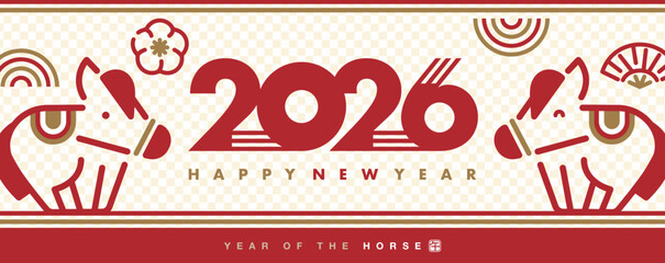 2026年お正月午年の新年、冬の馬のイラスト入りワイドフレーム背景・タイトルデザイン