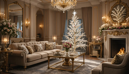 Elegant christmas tree in a luxurious living room with fireplace and ornate decorations for the holidays