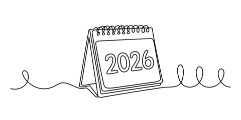 Continuous one line drawing of a 2026 desk calendar, symbolizing the new year, planning, future, and time passing on a white background.