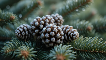 Close up of frosted pine cones nestled among blue spruce branches in a winter forest scene