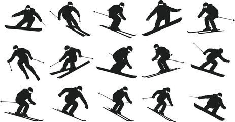 Collection of black silhouette skiers and snowboarders in various dynamic poses on white background