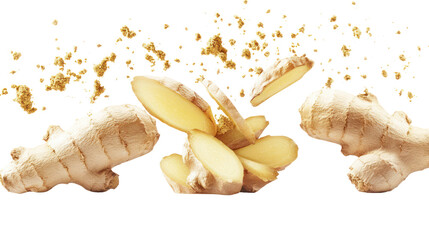 Fresh ginger root pieces flying isolated on transparent background